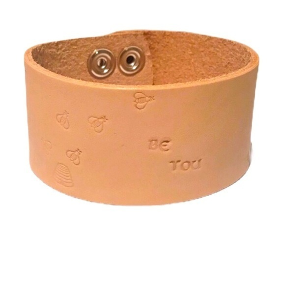 Handmade tooled‎ tan 100% leather “Bee You” adjustable wide cuff bracelet